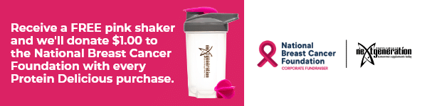 Advertisement offering a free pink shaker with every Protein Delicious purchase, with a $1 donation to the National Breast Cancer Foundation