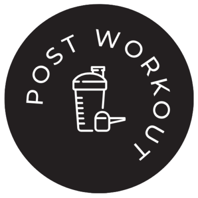 A circular logo with a protein shaker bottle and scoop. The text reads "Post Workout.