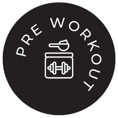 A circular black label with the text "PRE WORKOUT" surrounding an icon of a jar with a dumbbell and a scoop on top.