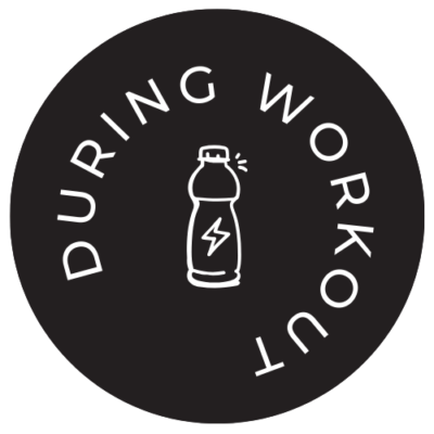 A black circle with "During Workout" surrounding a white bottle icon with a lightning bolt, representing Lean Muscle Stack whey protein concentrate.